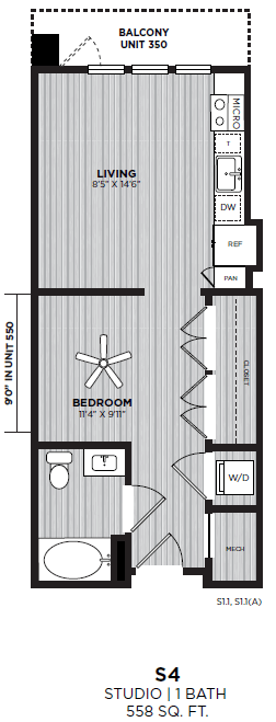 A floor plan of a studio apartment with a living room, bedroom, and bathroom.